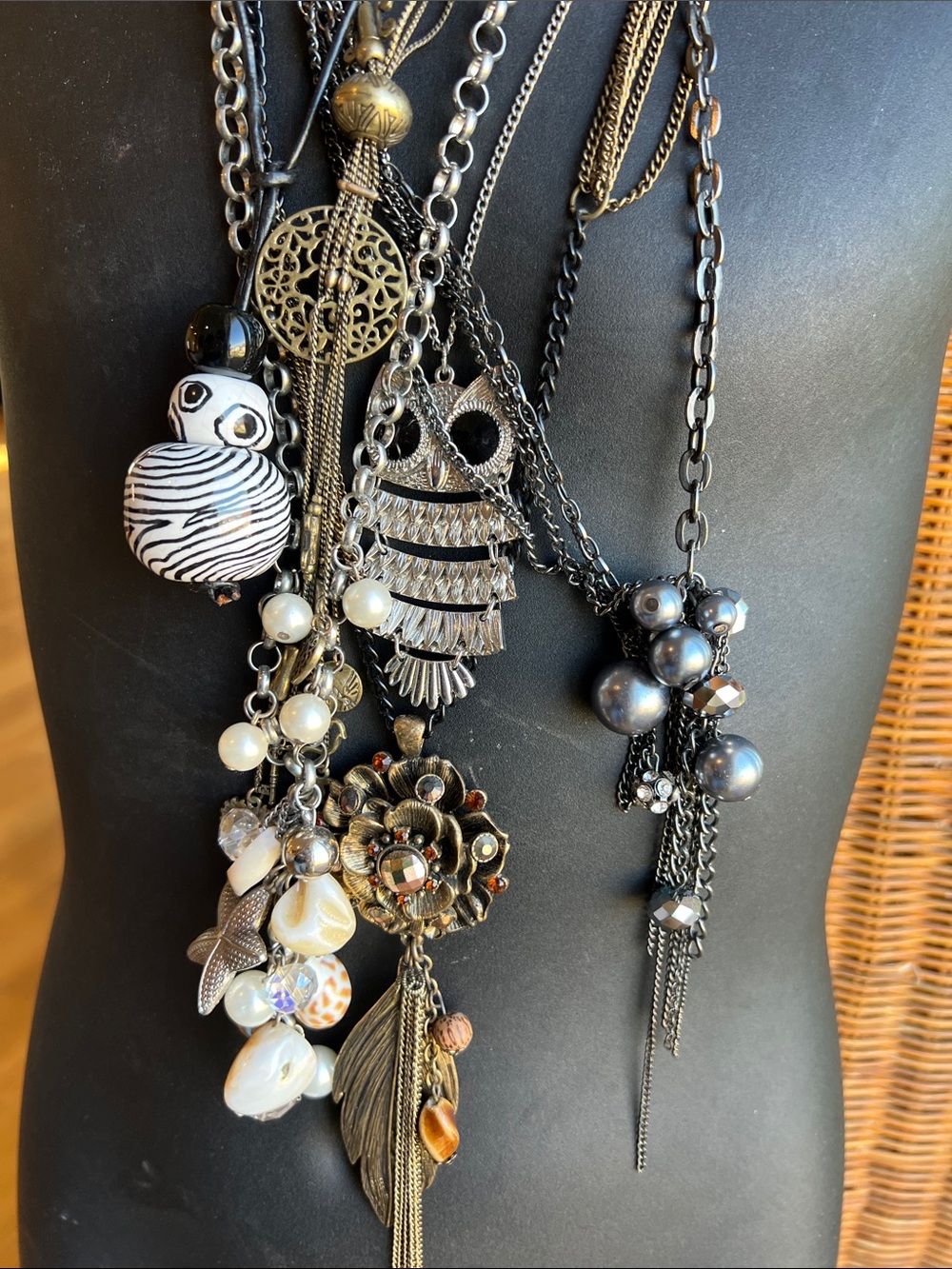 Bundle of 6 Boho Statement Necklaces – Owl, Tassel, Pearl & Charm Styles